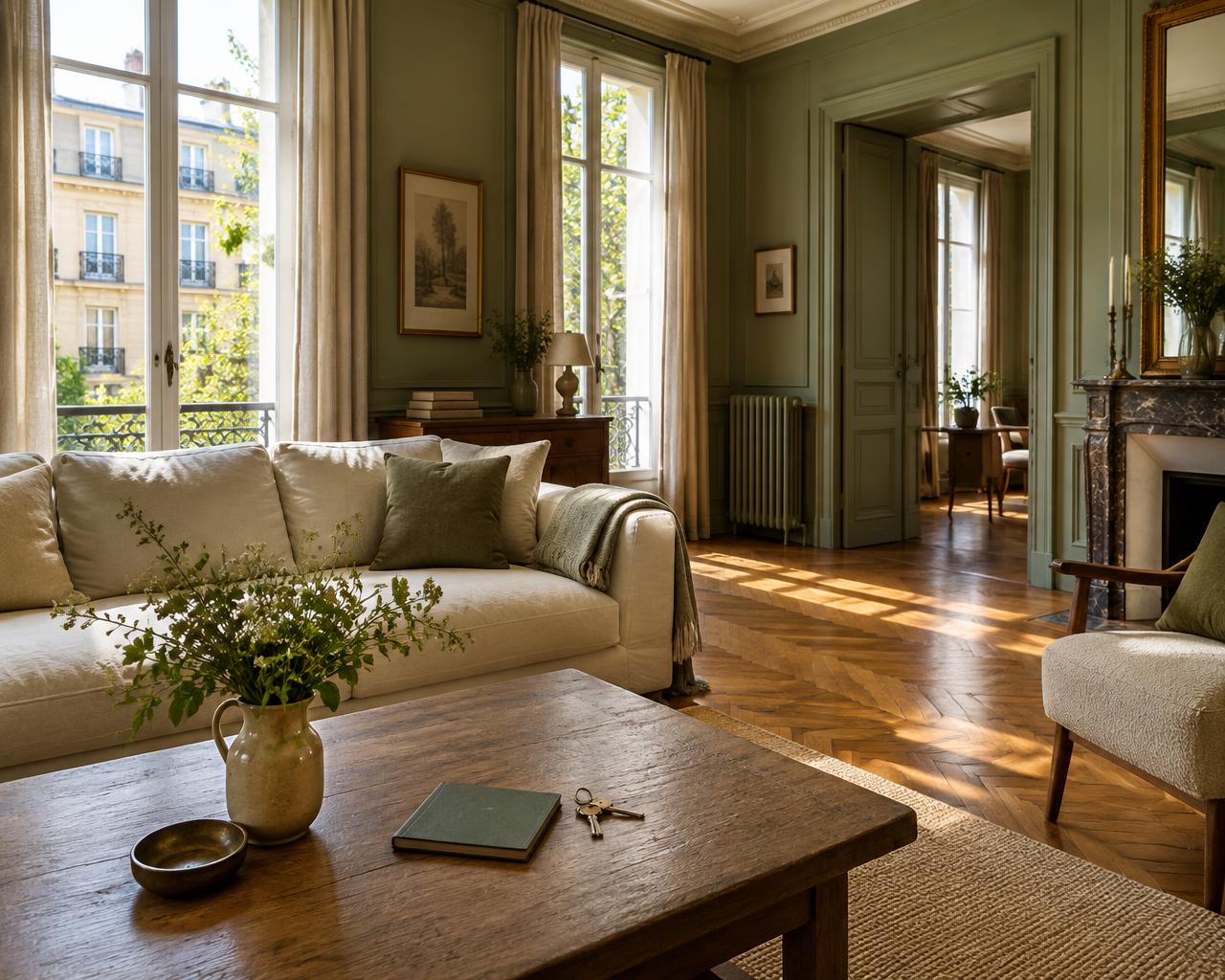 Salon lumineux d’un appartement ancien, carnet et clés posés sur la table
